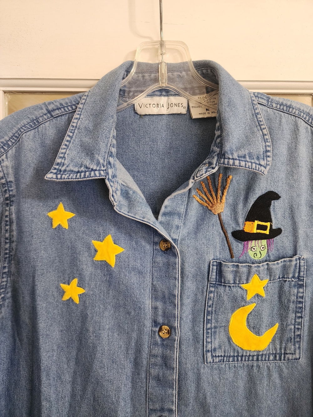 Vintage Victoria Jones Halloween Denim Shirt M Witch Black Cat Embroidered - Picture 6 of 12